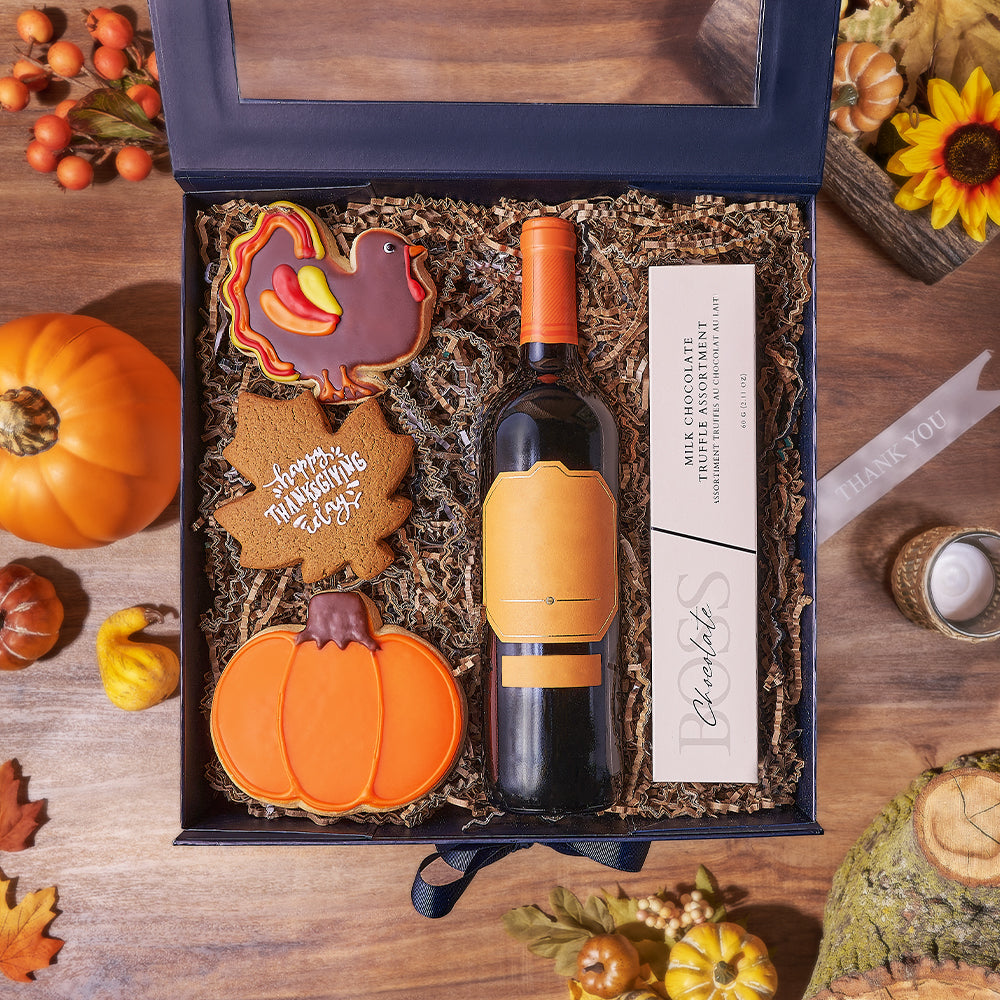 Happy Thanksgiving Wine &amp; Cookie Box, thanksgiving gift, thanksgiving, wine gift, wine, chocolate gift, chocolate, New Hampshire delivery