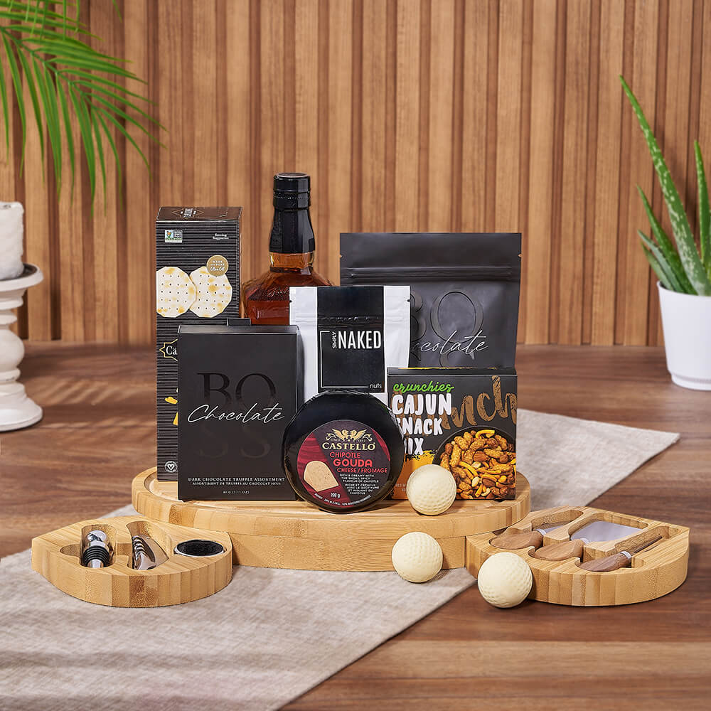 Gourmet Liquor Gift Set with Dark Chocolate Truffles and Cheese – how the gift is presented