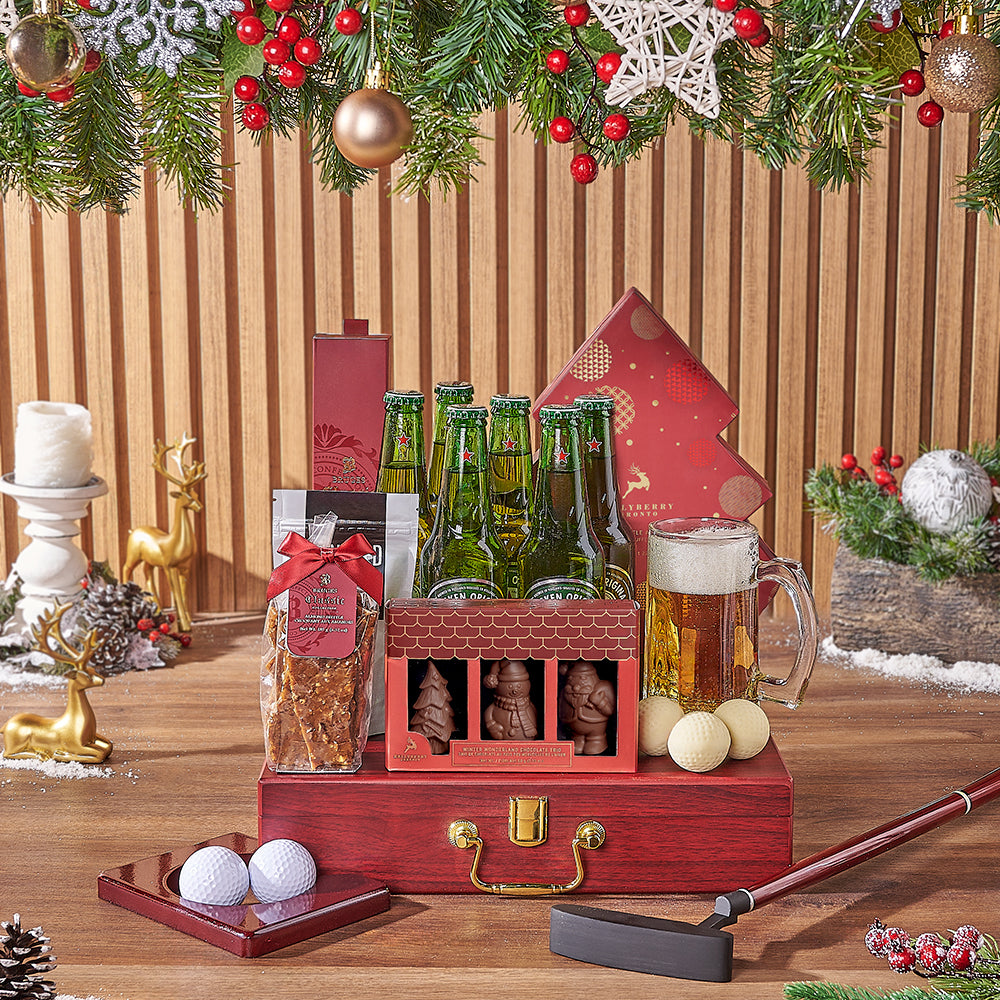 Holiday Beer &amp; Snacks Gift Basket, beer gift, beer, chocolate gift, chocolate, golf gift, golf, christmas gift, christmas, New Hampshire delivery