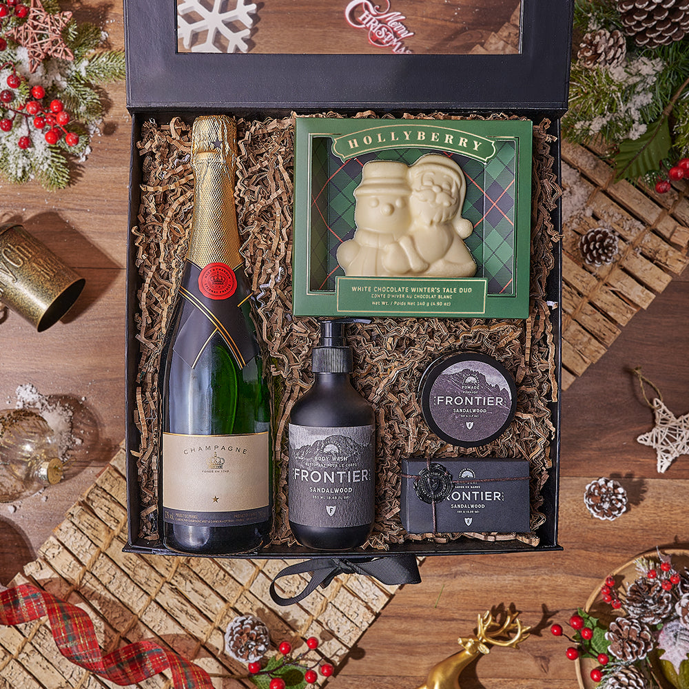 Holiday Bubbly &amp; Spa Gift Box, chocolate gift, chocolate, champagne gift, champagne, sparkling wine gift, sparkling wine, Christmas gift, Christmas, New Hampshire delivery