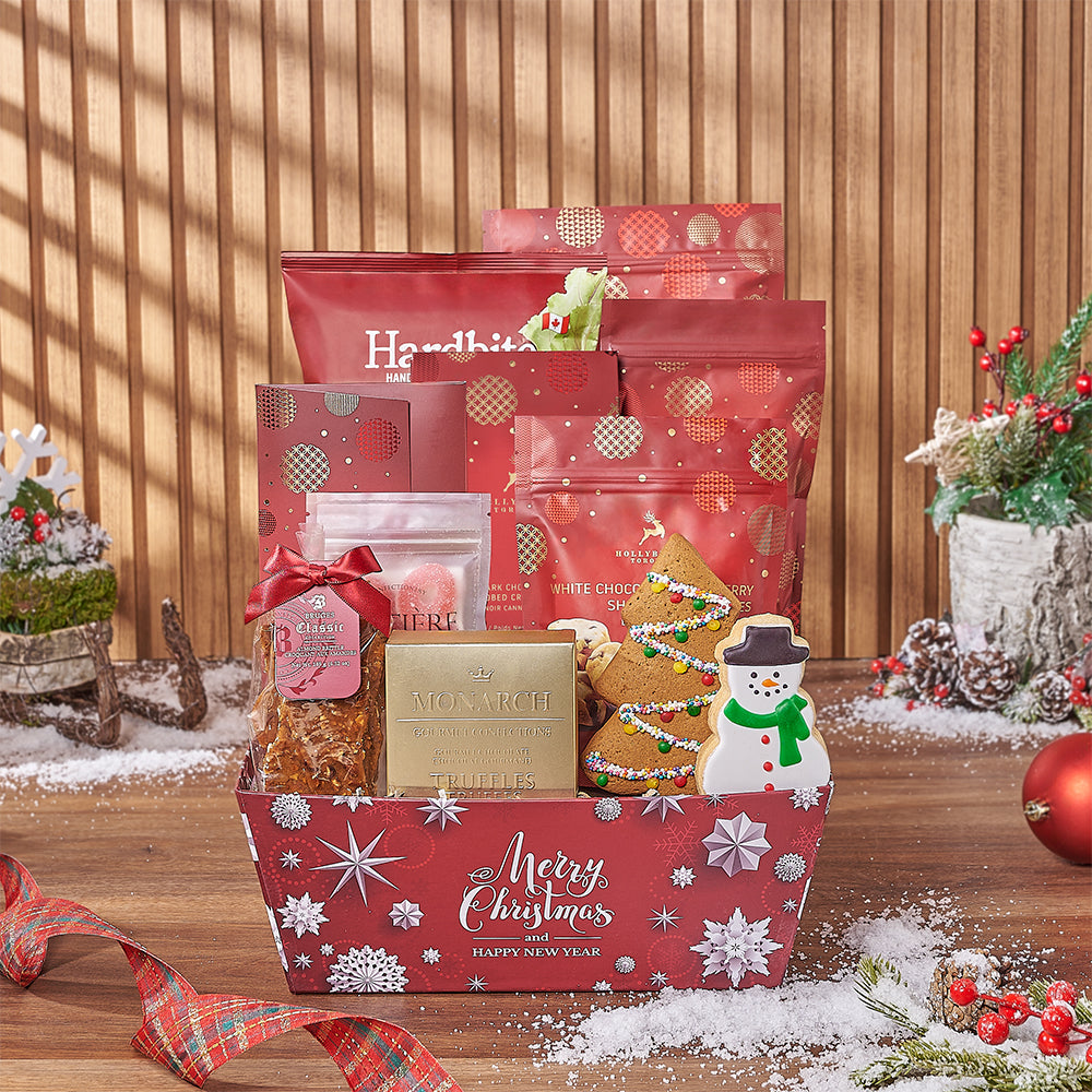 Holiday Season Chocolate and Gourmet Snacks Gift Basket – how the gift is presented