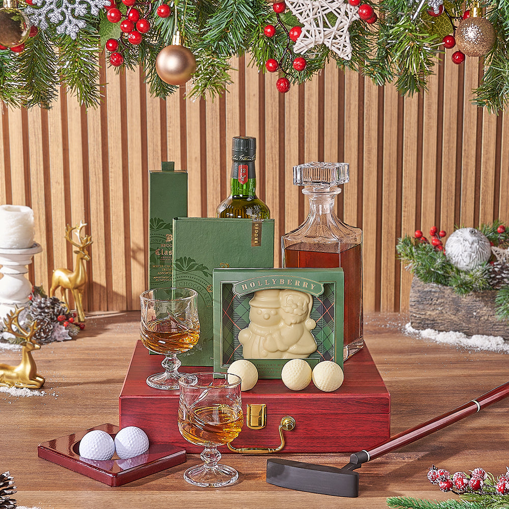 Holiday Golf & Liquor Gift Basket, liquor gift, liquor, chocolate gift, chocolate, golf gift, golf, New Hampshire delivery