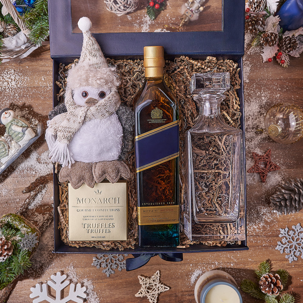 Holiday Liquor Decanter &amp; Treats Basket, liquor gift, liquor, chocolate gift, chocolate, decanter gift, decanter, christmas gift, christmas, New Hampshire delivery