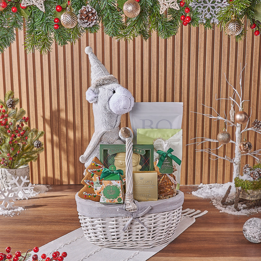 Holiday Gourmet Snack Gift Basket with Llama Plush – how the gift is presented