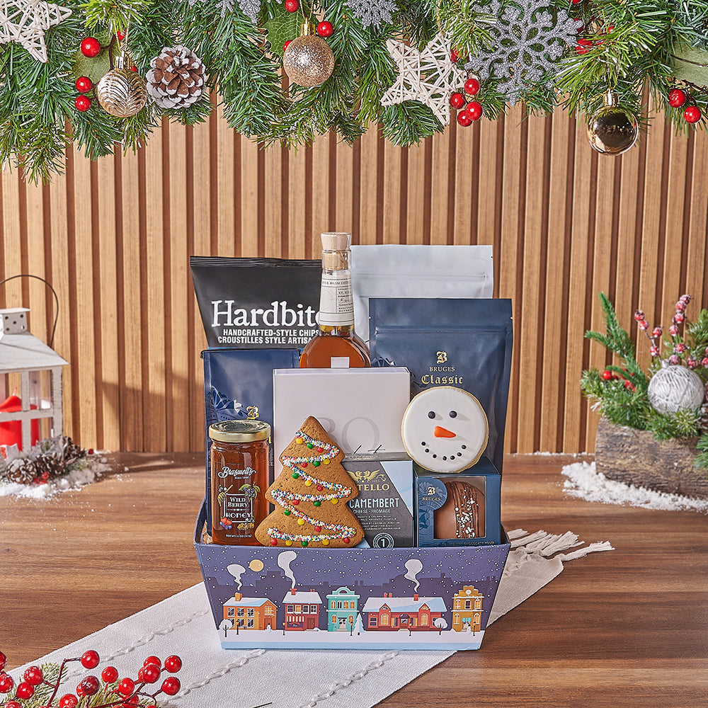 Holiday Whiskey and Gourmet Treats Gift Basket in Festive Market Tray – how the gift is presented