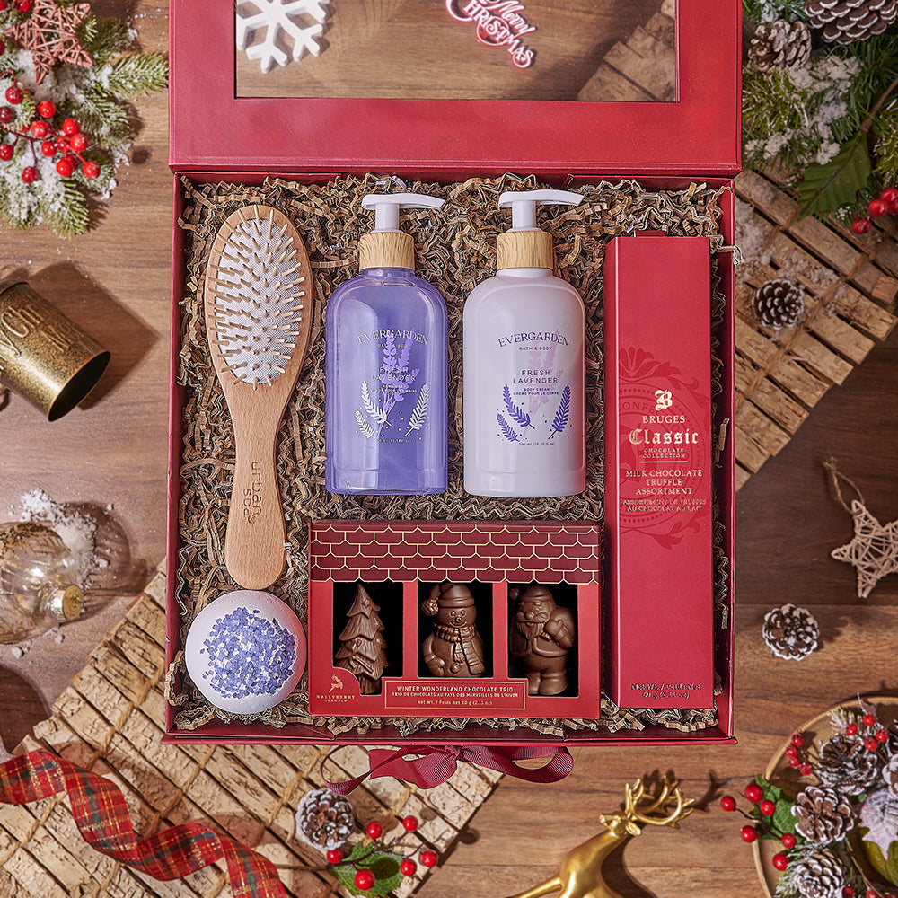 Holiday Spa &amp; Chocolate Gift Box, chocolate gift, chocolate, spa gift, spa, bath gift, bath, New Hampshire delivery
