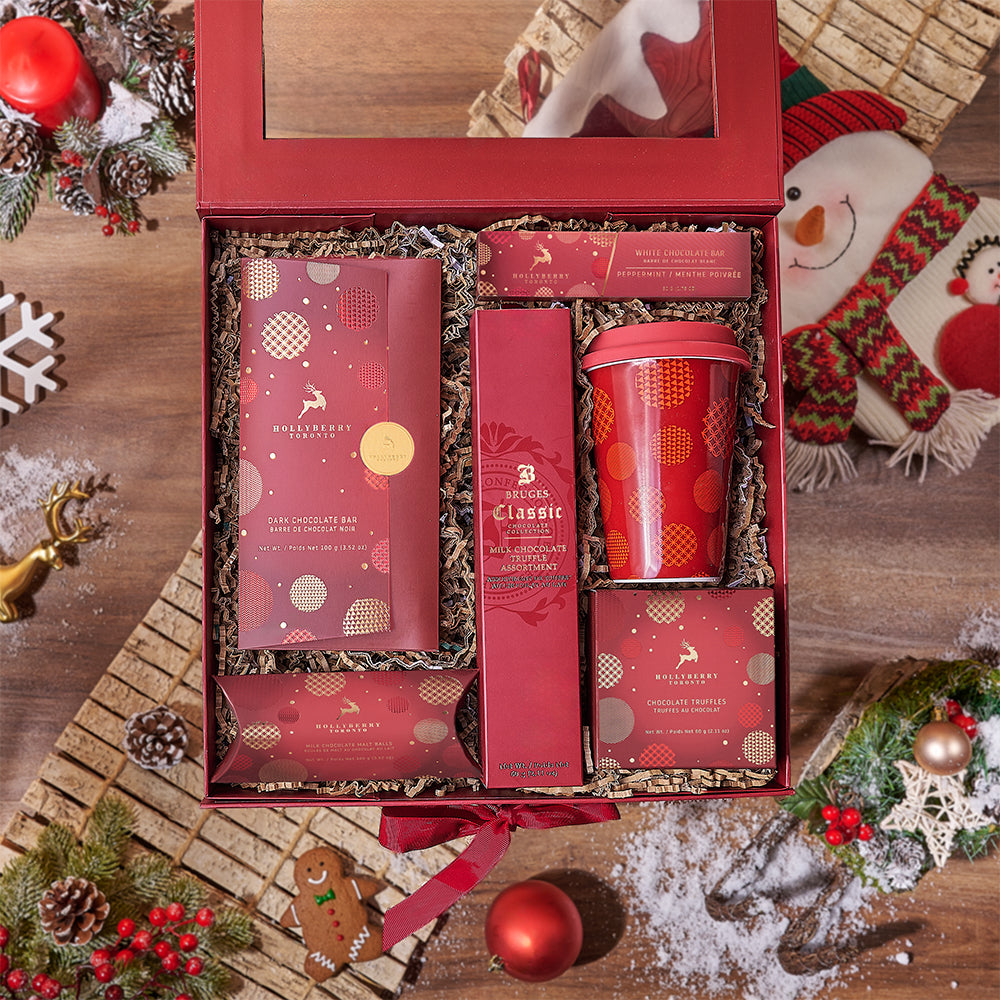 Festive Holiday White and Dark Chocolate Gift Basket – how the gift is presented