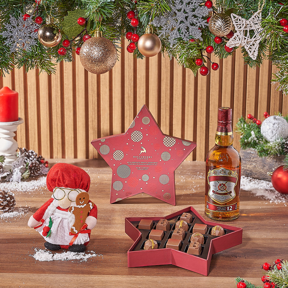 Festive Liquor Gift Basket with Assorted Chocolate Truffles – how the gift is presented