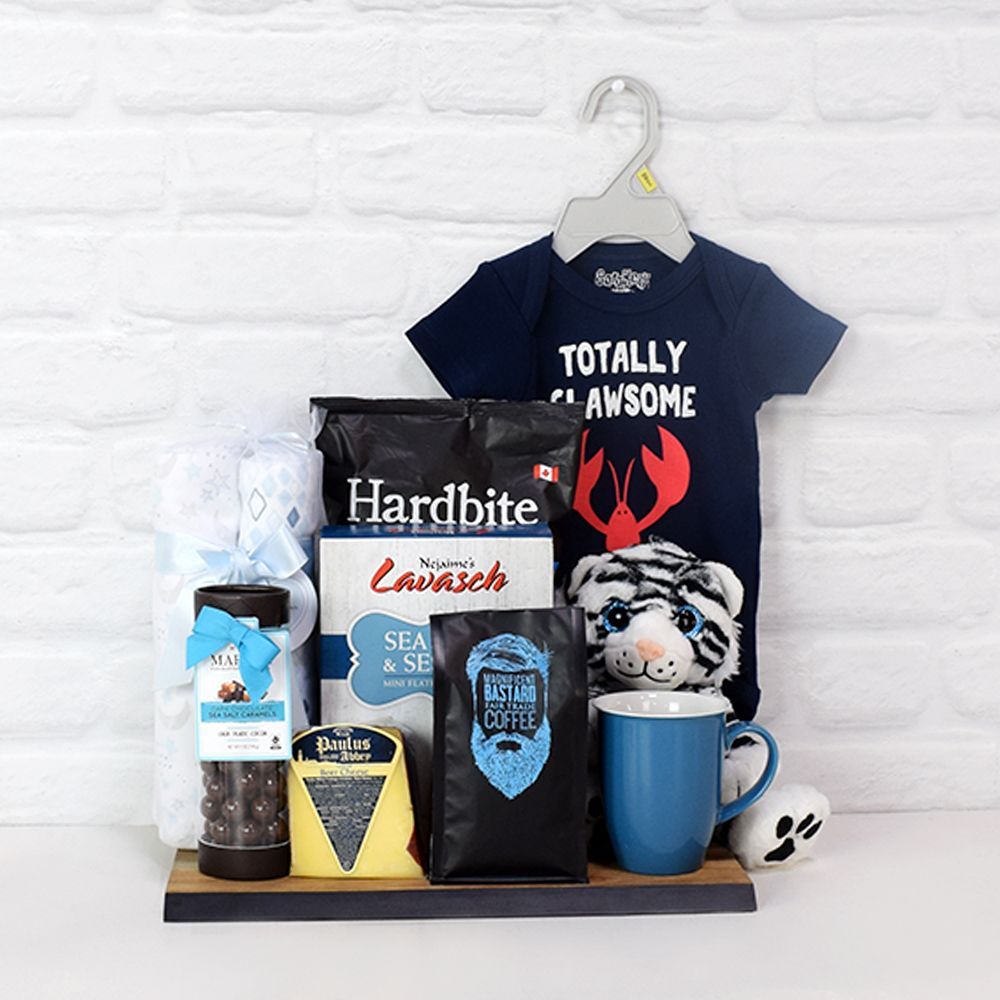 Baby Celebration Gift Basket with Cuddly Plush, Bodysuit, and Gourmet Snacks – gift basket with black edge acacia wood cutting board, sarakety