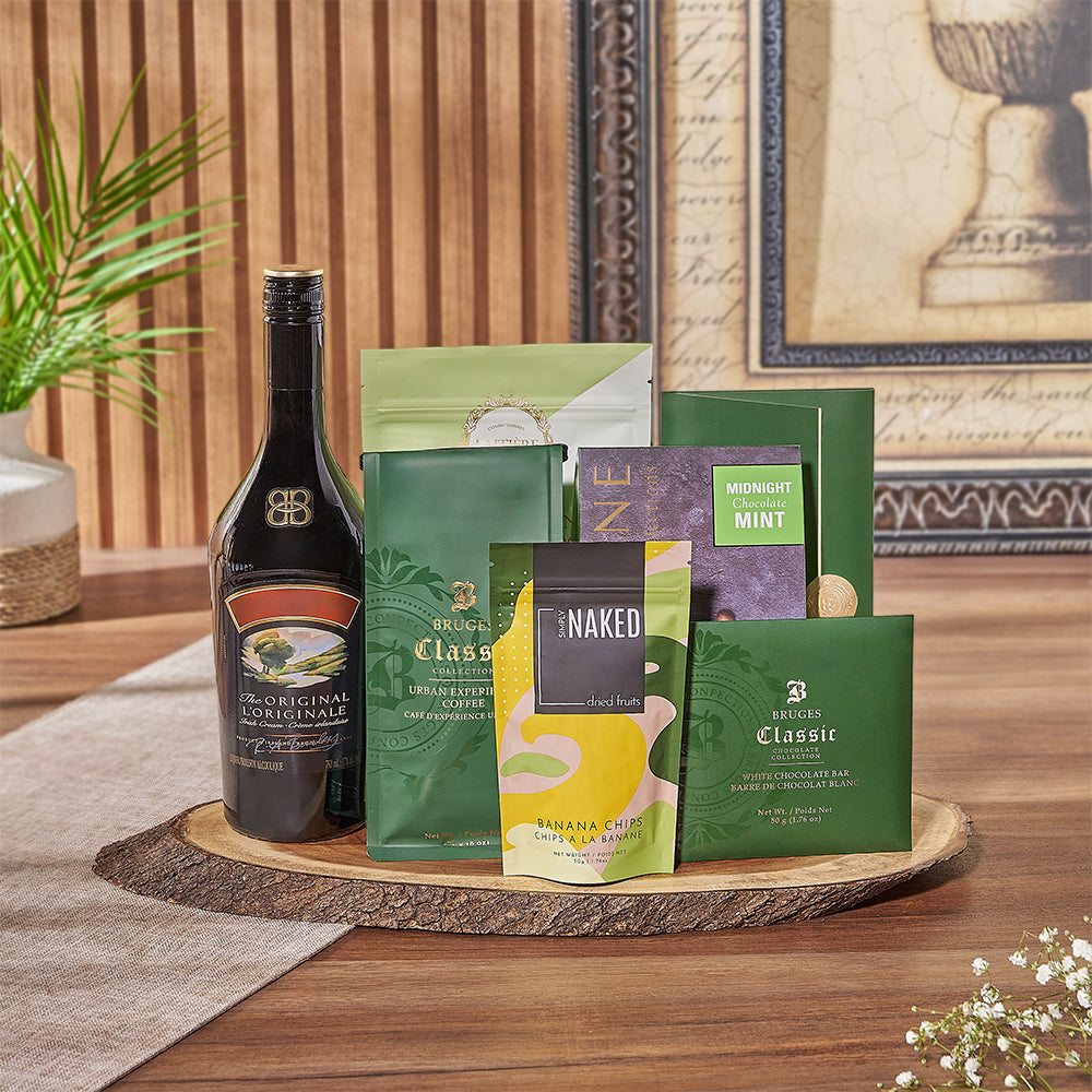 Vodka and Gourmet Coffee Gift Basket with Matcha Cookies – how the gift is presented