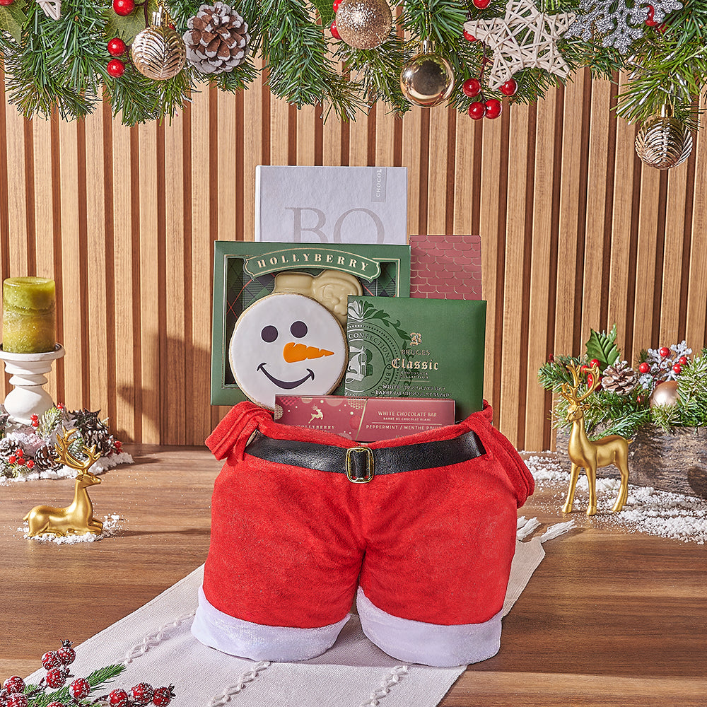 Holiday Medium Santa Pants Gift Bag with Assorted White Chocolates – how the gift is presented