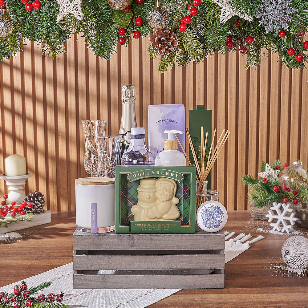 Lavish Sparkling Wine Gift Crate with White Chocolate Truffles – how the gift is presented