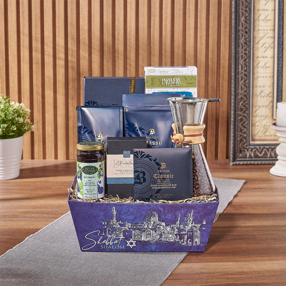 Hanukkah Kosher Market Tray with Coffee and Assorted Chocolates Gift Basket – how the gift is presented