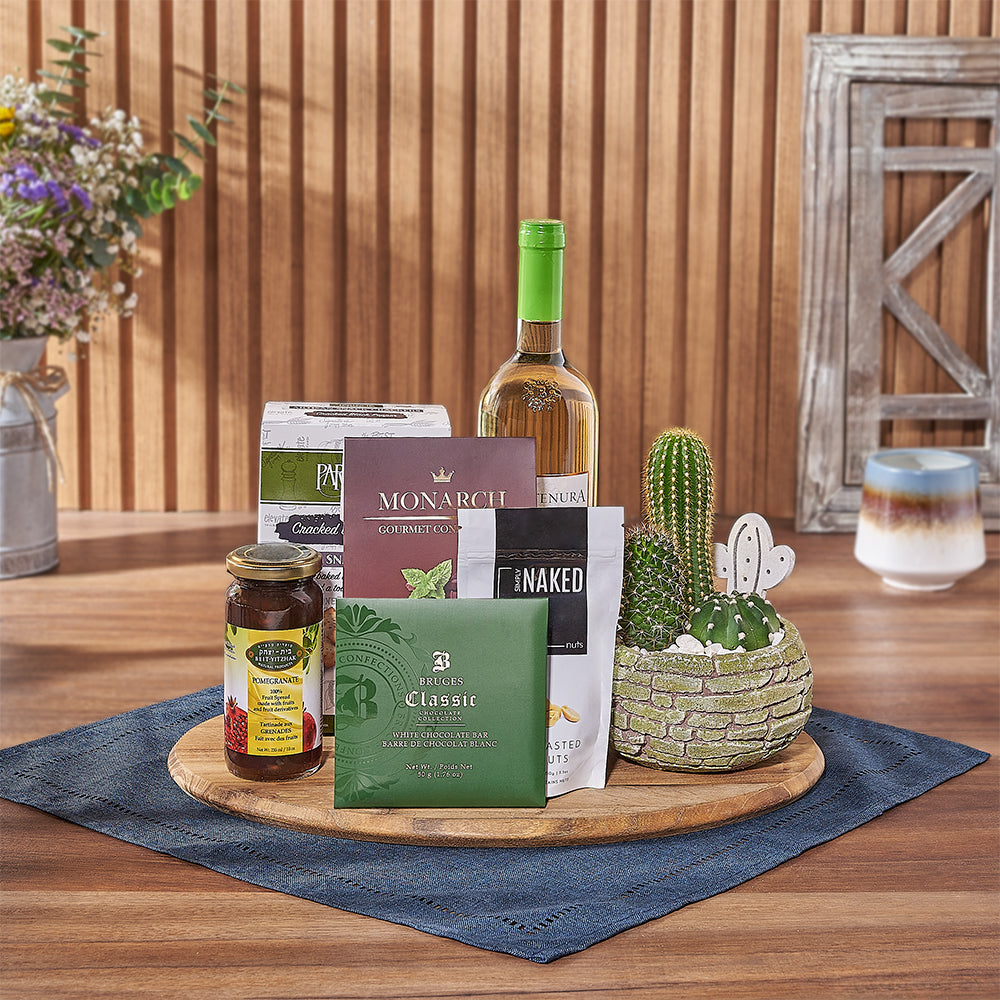 Kosher Wine &amp; Cacti Gift, kosher gift, kosher wine, plant, crackers, chocolate, nuts, jam, board, New Hampshire Delivery