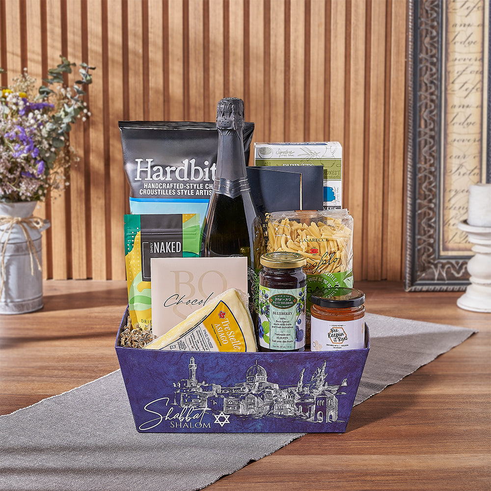 Kosher Rosh Hashanah Sparkling Wine Market Tray Gift – how the gift is presented