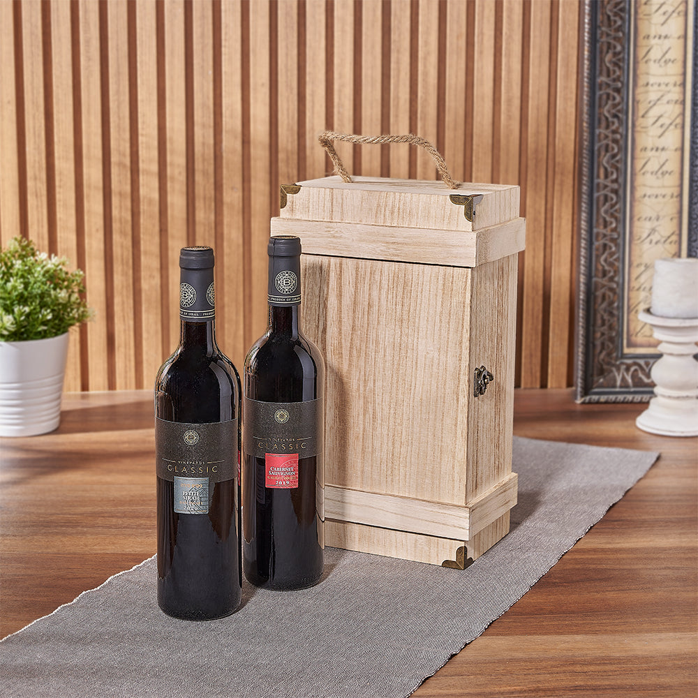 Kosher Wine Gift Basket Featuring Dual Bottles in Burned Finish Wooden Box – how the gift is presented