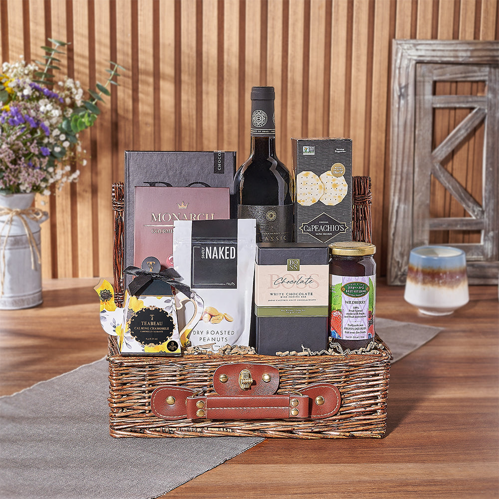 Small Wicker Basket with Kosher Wine, Assorted Chocolates, and Tea Gift – how the gift is presented