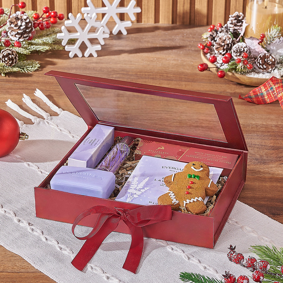 Lavender Spa Holiday Gift Box, spa gift, spa, Christmas gift, Christmas, chocolate gift, chocolate, New Hampshire delivery