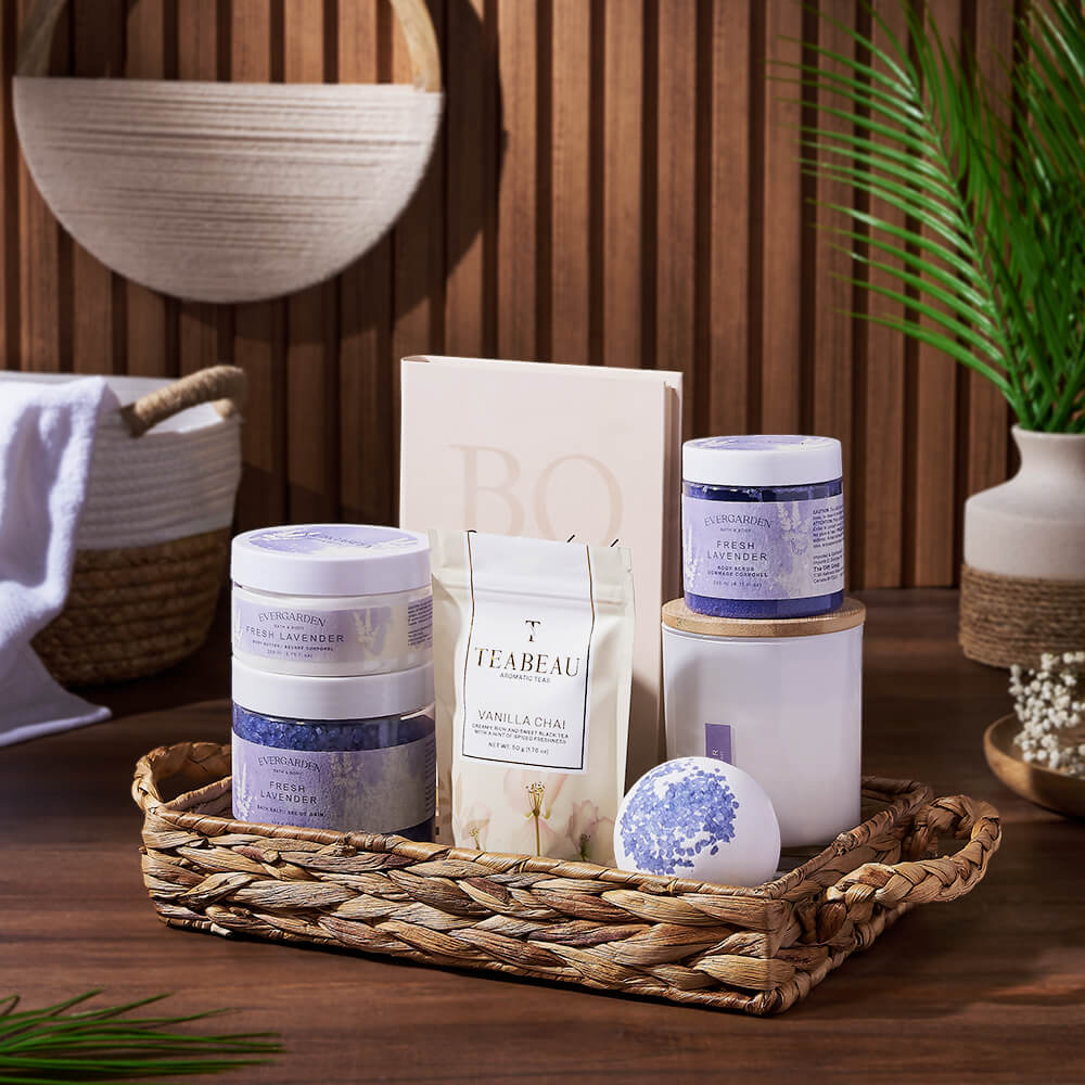 Vanilla Chai Tea and Lavender Spa Gift in Woven Tray – how the gift is presented