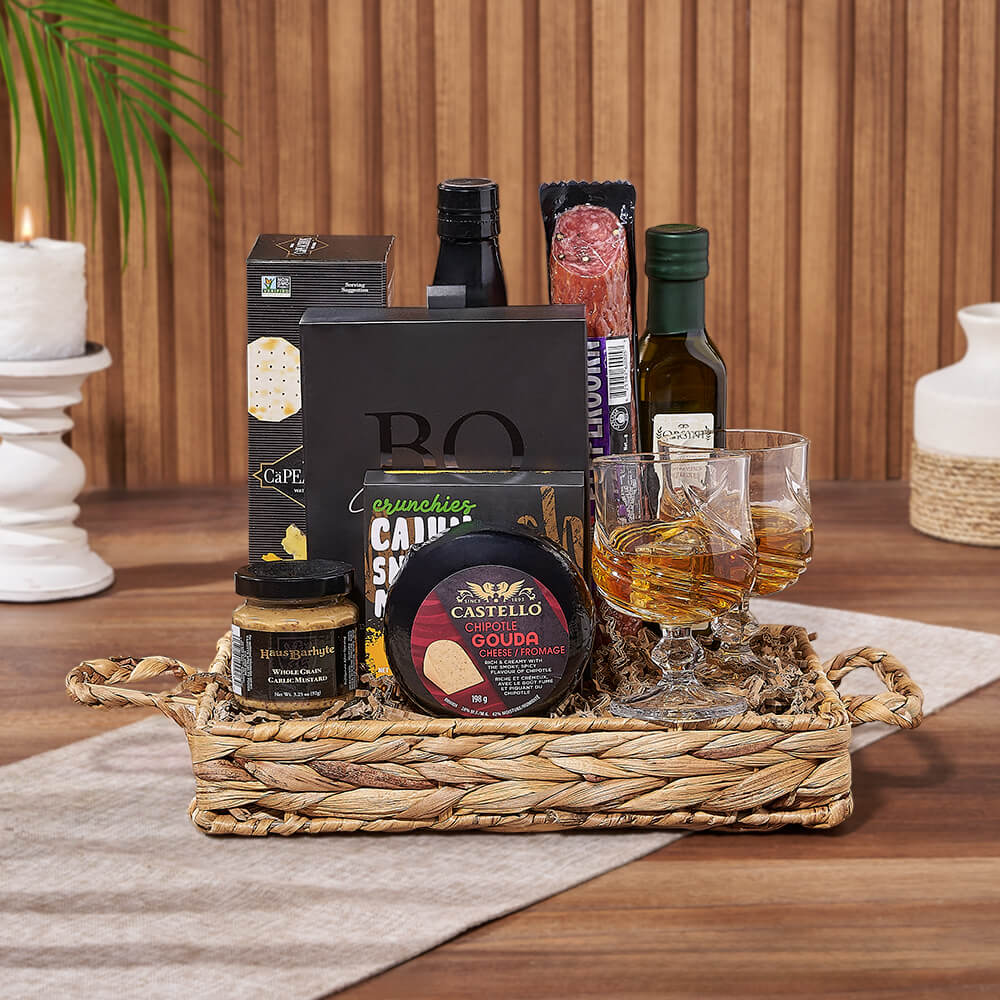 Like A Boss Premium Whiskey Gift Set with Gourmet Snacks in Woven Tray – how the gift is presented