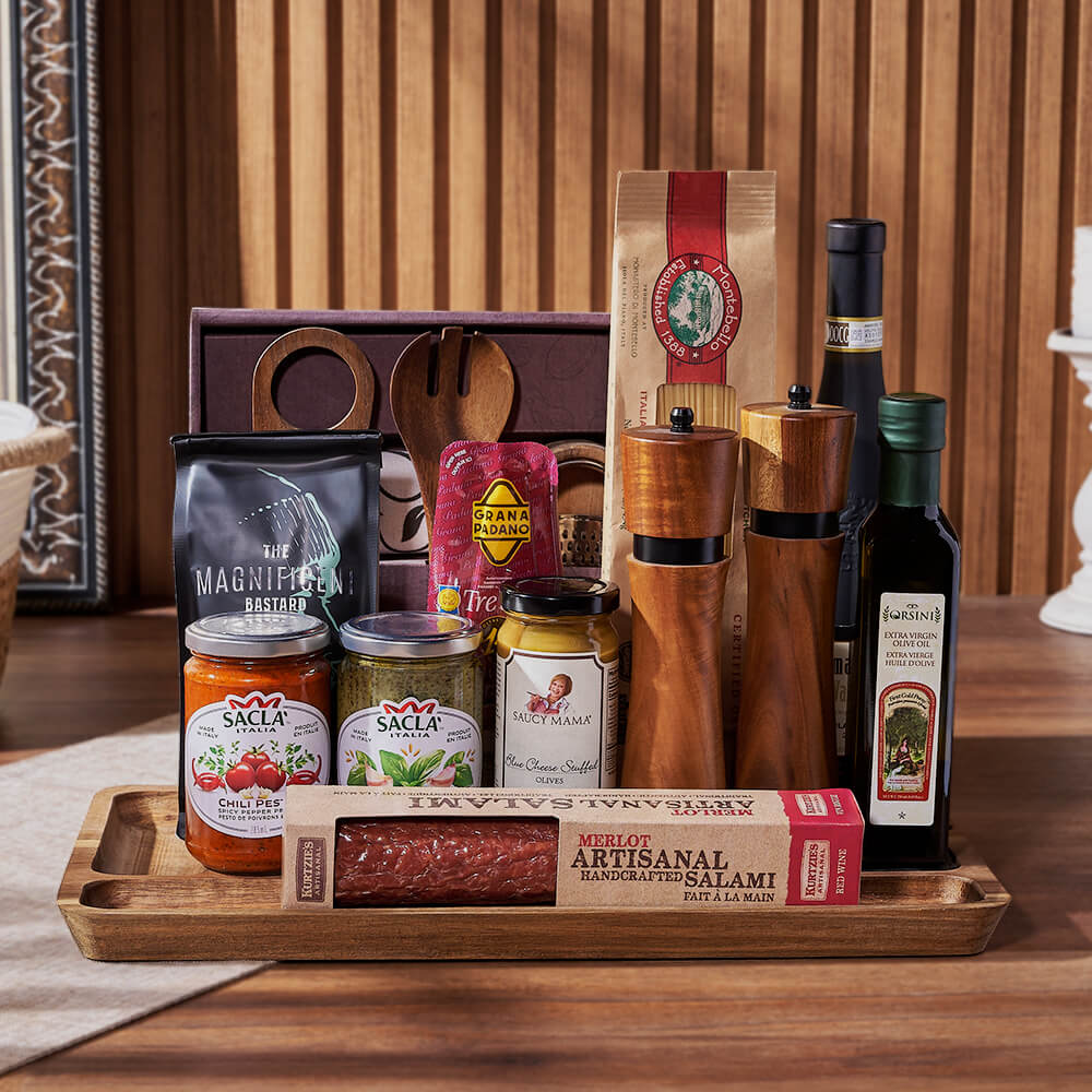 Celebration Wine Gift Basket with Cheese and Salami – how the gift is presented