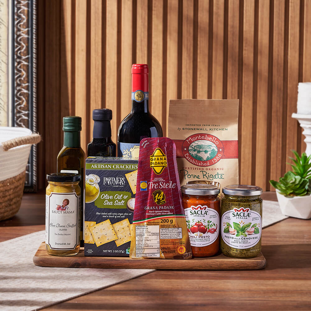 Premium Wine Gift Basket Featuring Artisanal Snacks and Wooden Serving Board – how the gift is presented