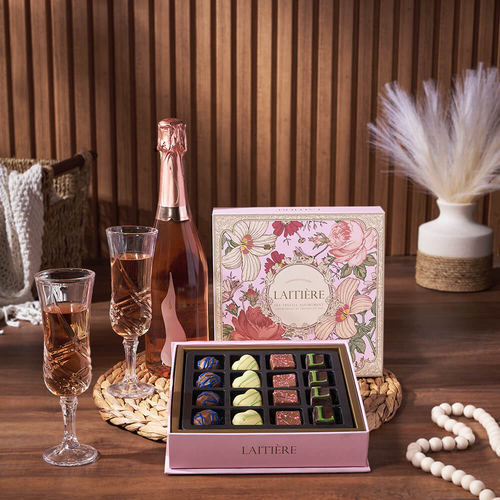 Premium Sparkling Wine Gift with Odessa Champagne Flutes and Chocolates – gift basket with bottle of sparkling wine, 2 odessa and laitiere tea