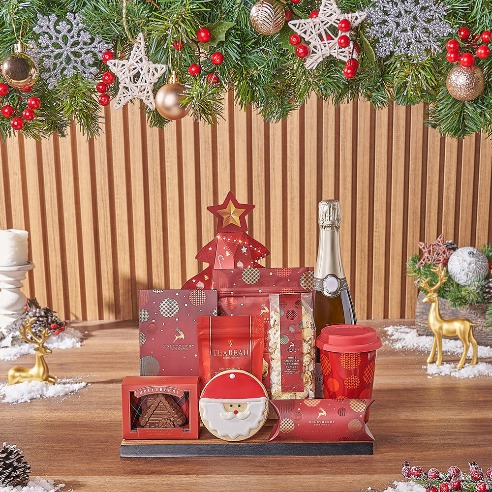 Christmas Gift Basket Featuring Sparkling Wine and Gourmet Snacks – how the gift is presented