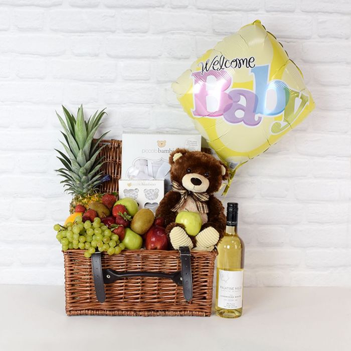 Deluxe Wine and Fresh Fruit Gift Basket with Baby Welcome Balloon – how the gift is presented