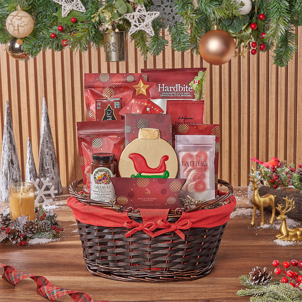 Holiday Classic Wicker Basket with Gourmet Snacks – how the gift is presented