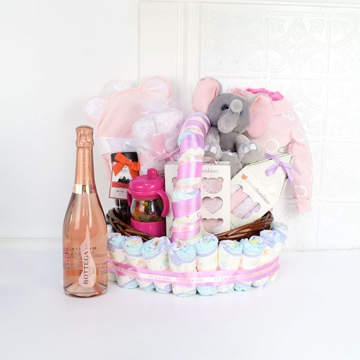 Little One Arrival Gift Basket with Champagne and Marich Milk Chocolate Cherries – how the gift is presented
