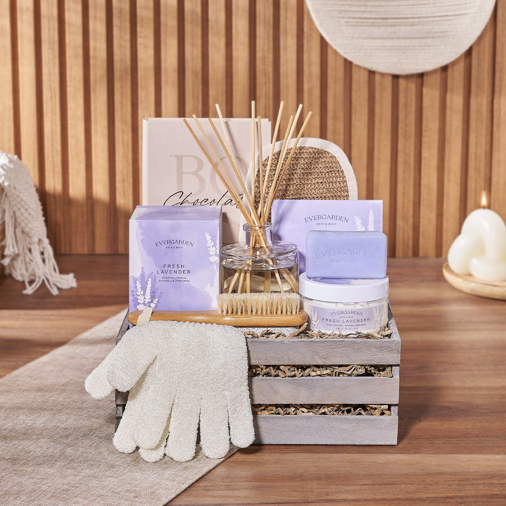Radiant &amp; Lavish Spa Gift Set, spa gift, candle, diffuser, soap, body butter, bath salts, bath mitt, bath gloves, foot brush, chocolate, box, New Hampshire Delivery