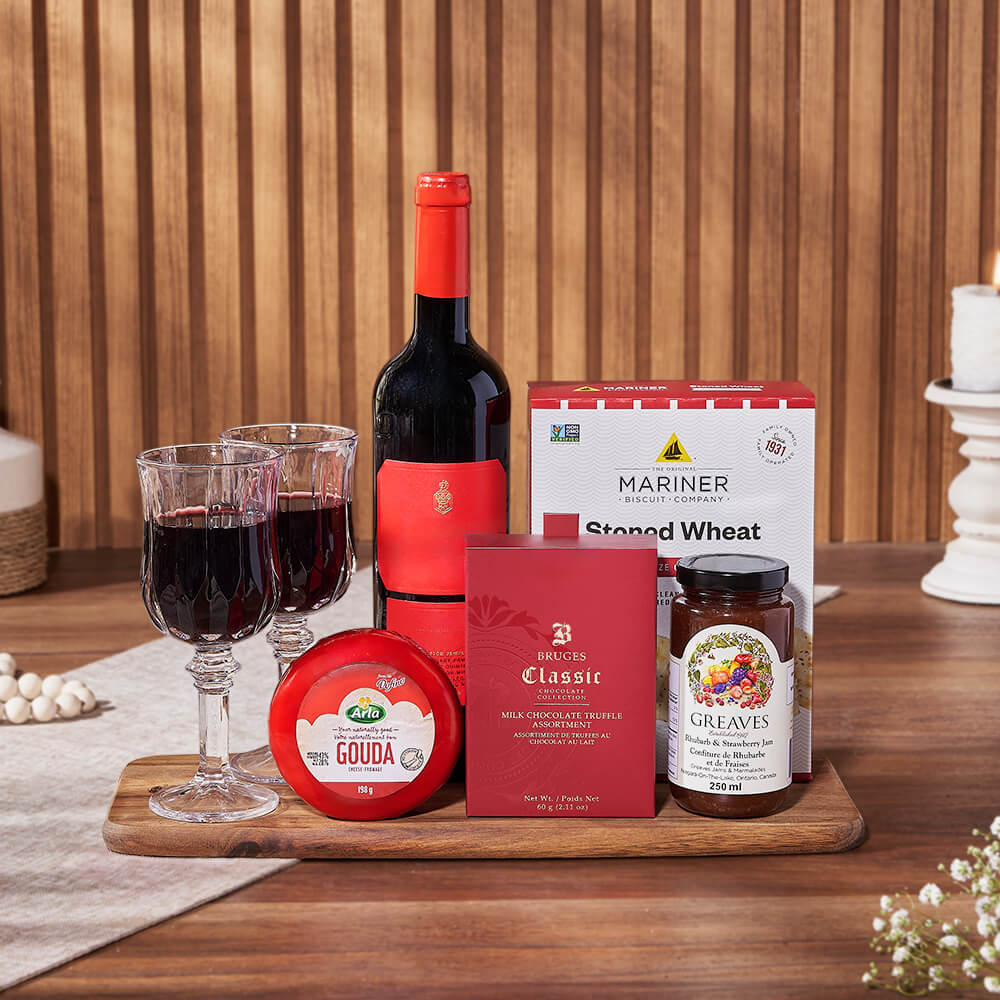 Classic Wine and Gourmet Cheese Gift Basket with Truffles – how the gift is presented
