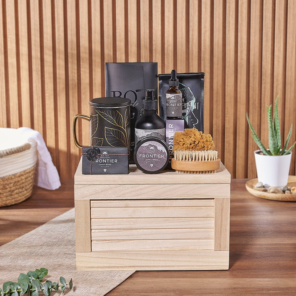 Sandalwood Bath and Body Gift Crate with Magnificent Bastard Coffee – how the gift is presented