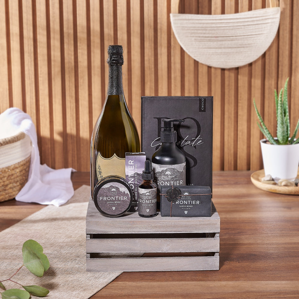 Sandalwood &amp; Champagne Spa Gift Crate, spa gift, sparkling wine, chocolate, beard oil, hair pomade, soap, body wash, crate, New Hampshire Delivery