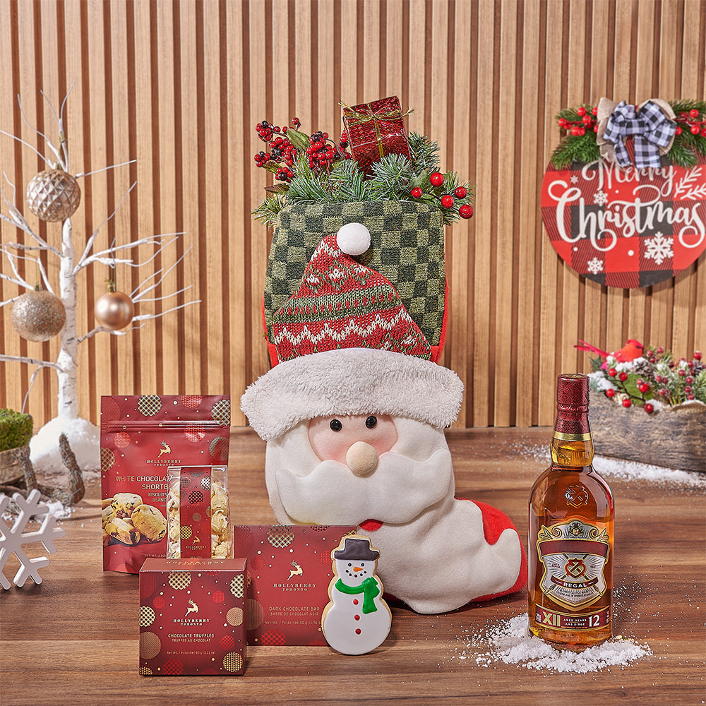 Santa Stocking &amp; Liquor Gift Set, liquor gift, liquor, Christmas gift, Christmas, chocolate gift, chocolate, cookie gift, cookie, New Hampshire delivery