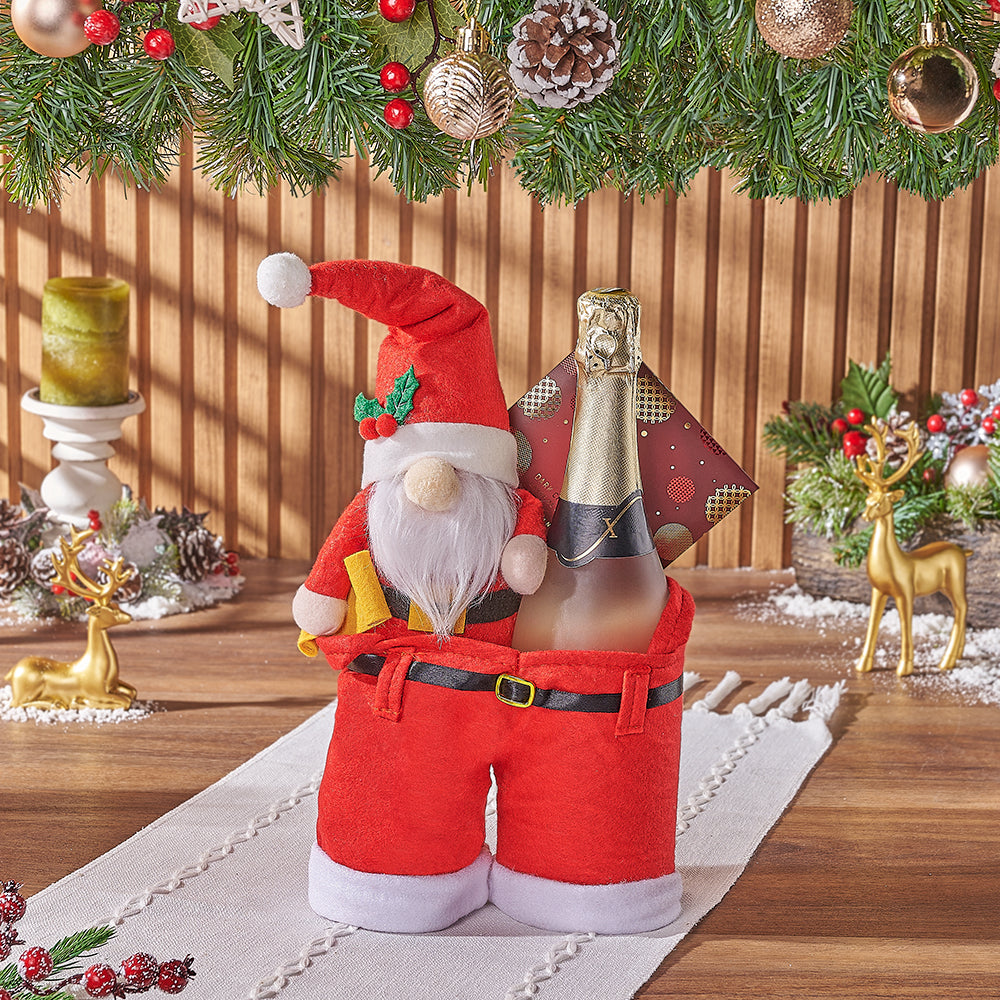 Holiday Sparkling Wine Gift Set with Plush Santa in Santa Pants Bag – how the gift is presented