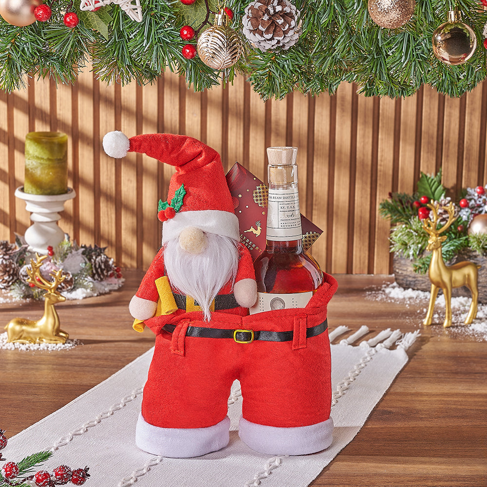 Holiday Spirits Gift Set in Santa Pants Bag with Gourmet Chocolate – how the gift is presented