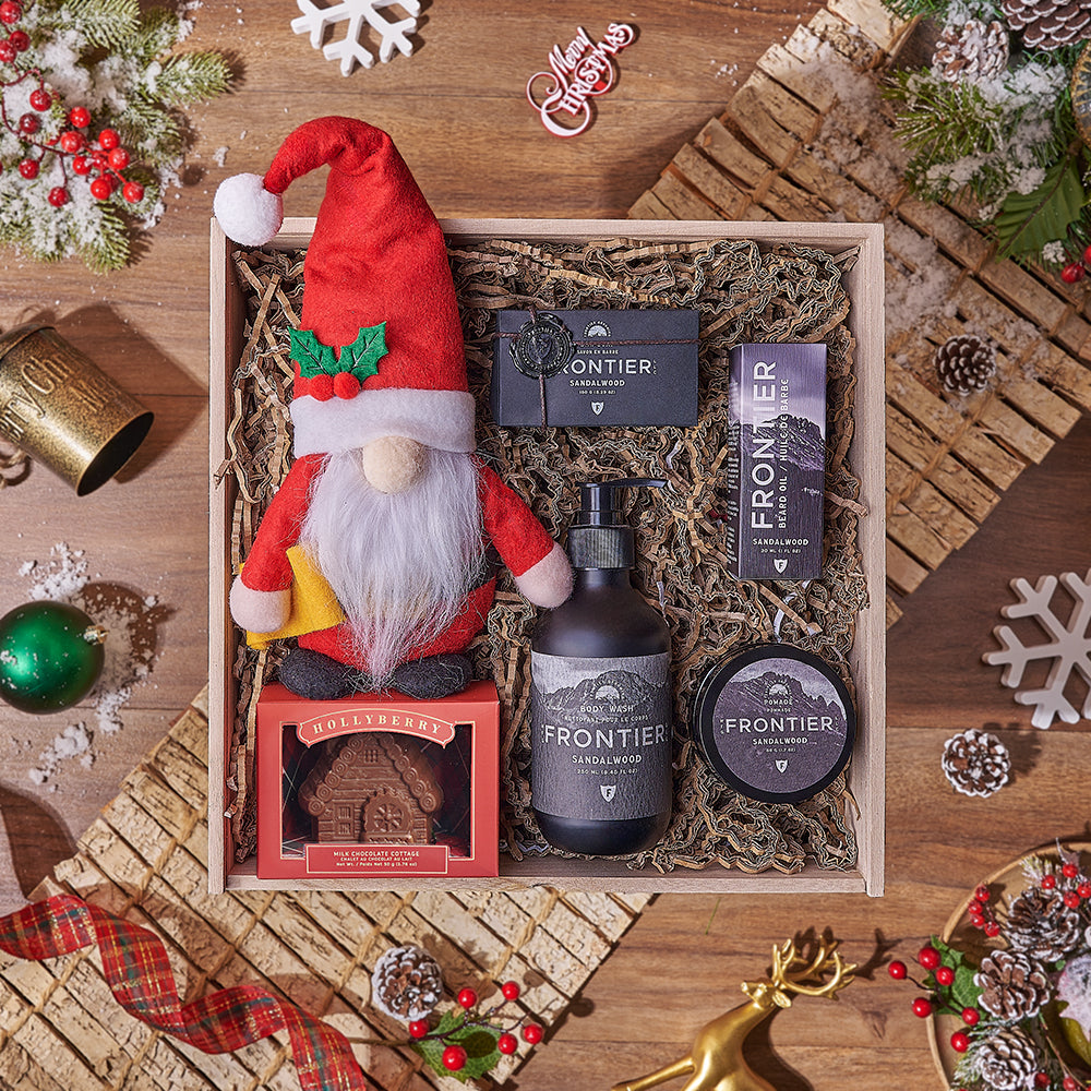 Holiday Spa Gift Crate with Milk Chocolate and Plush Santa – how the gift is presented