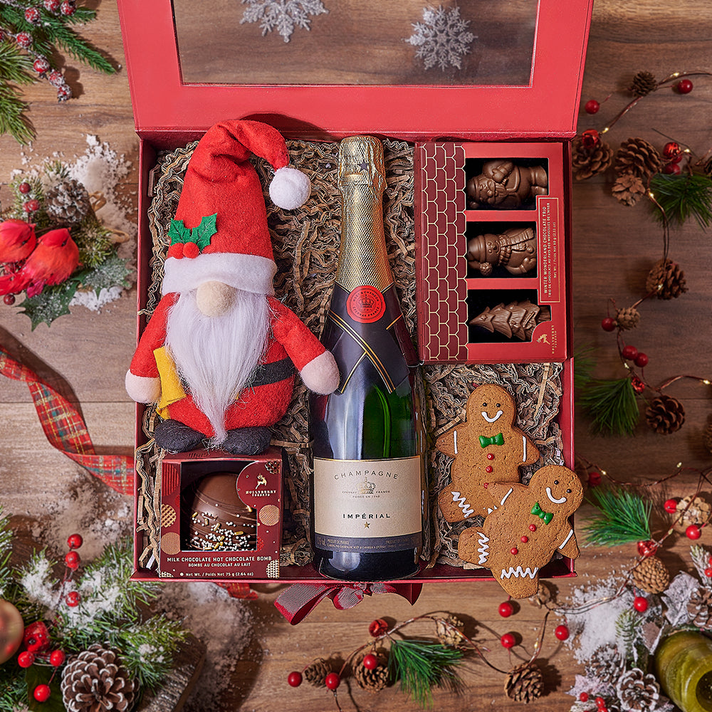Holiday Sparkling Wine Gift with Hollyberry Chocolates and Cookies – gift basket with bottle of sparkling wine, 2 small gingerbread man cookie