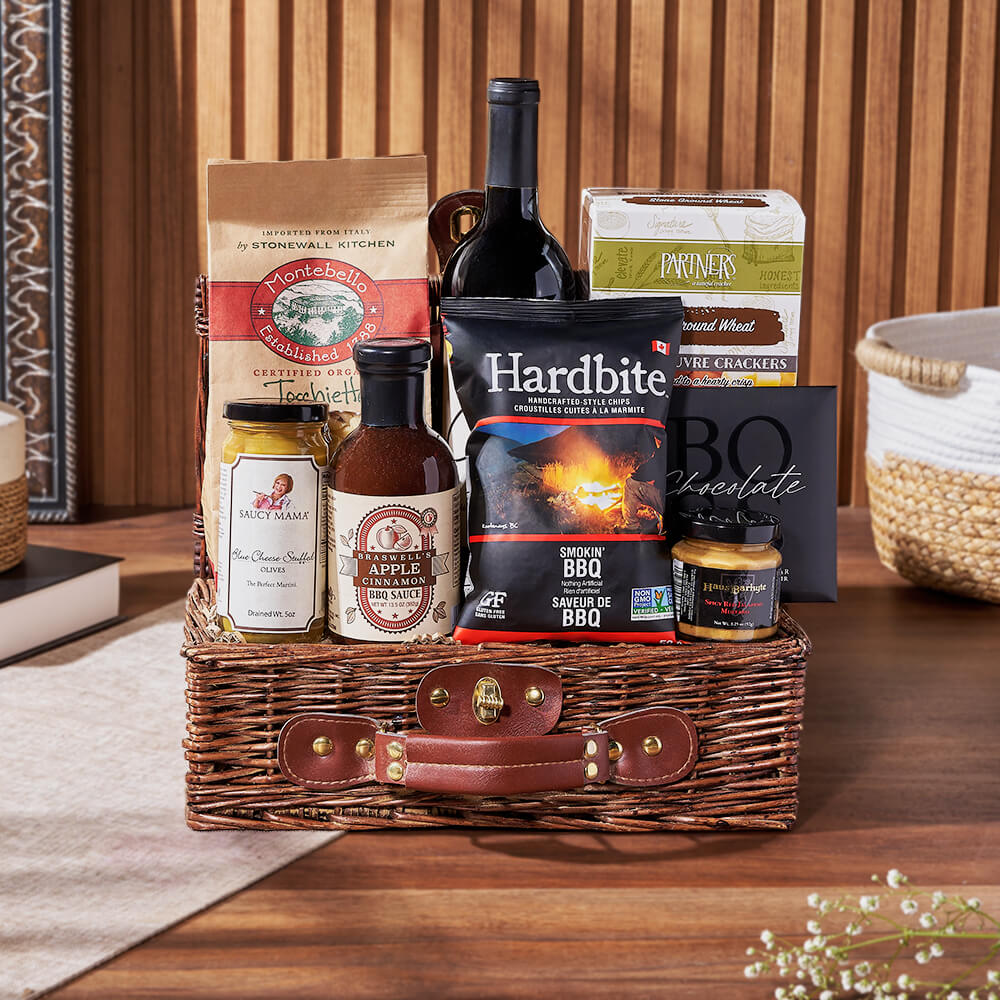 Gourmet Food and Wine Gift Basket with Rustic Wicker Presentation – how the gift is presented