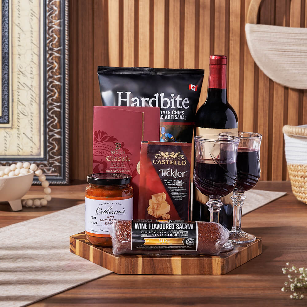 Savory Treats Wine Basket, wine gift, wine, charcuterie gift, charcuterie, New Hampshire Delivery