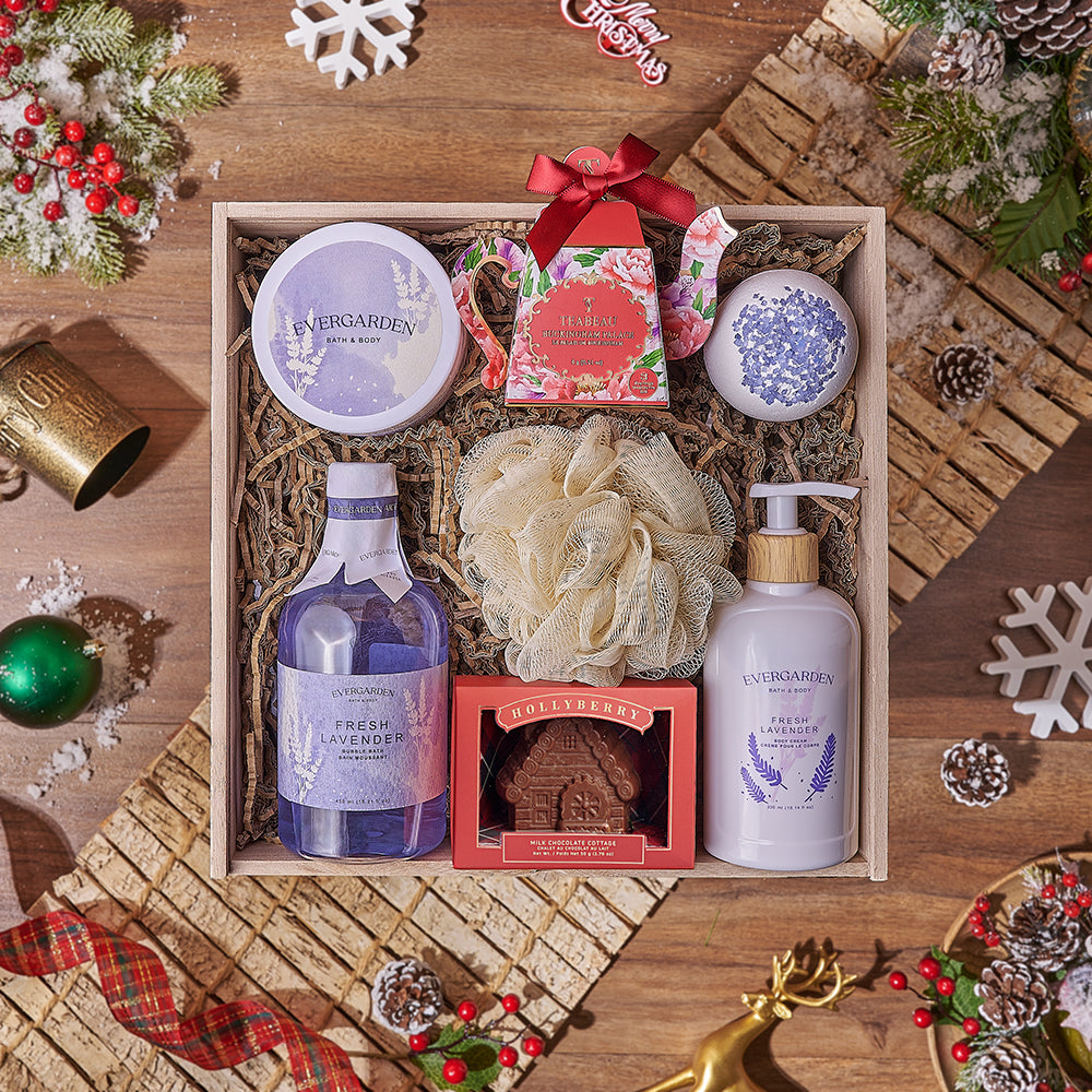 Serene Christmas Gift Box, chocolate gift, chocolate, Christmas gift, Christmas, tea gift, tea, spa gift, spa, bath gift, bath, New Hampshire delivery