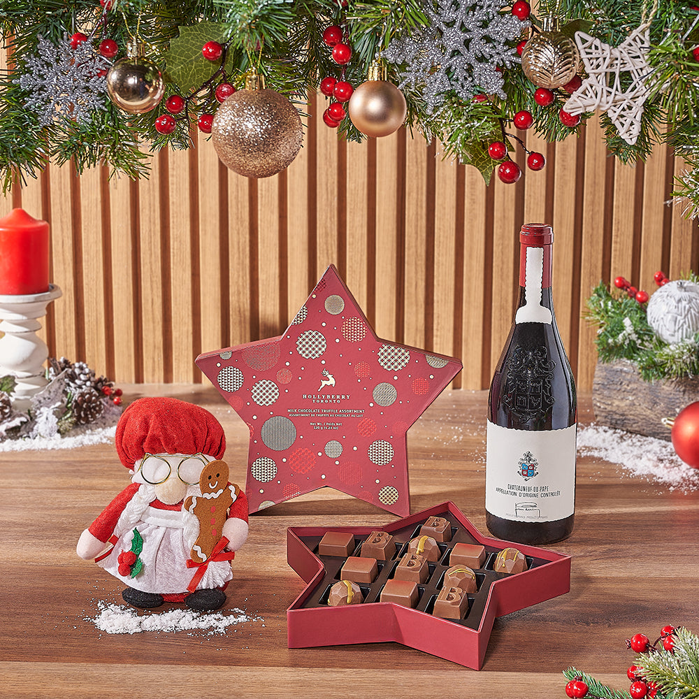 Wine and Chocolate Holiday Basket Featuring Mrs. Claus Plush and Star Box – how the gift is presented