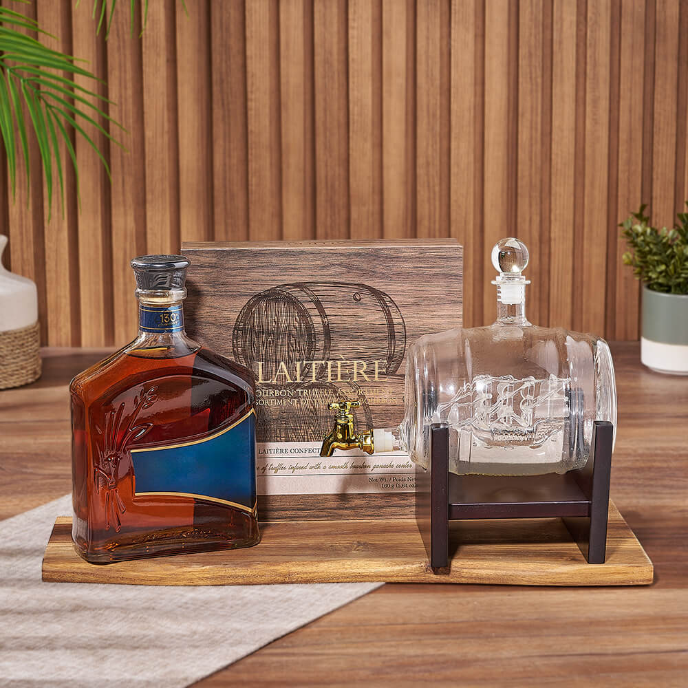Simple Luxuries Trio with Liquor, liquor gift, liquor, decanter gift, decanter, chocolate gift, chocolate, New Hampshire Deiivery