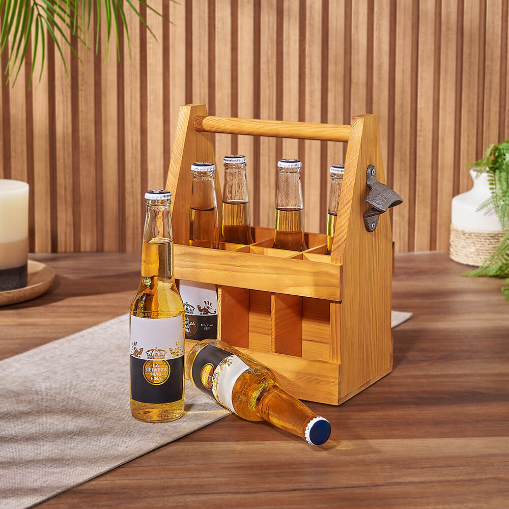 Beer Gift Basket Featuring 6 Bottles and Wood Bottle Carrier with Opener – how the gift is presented