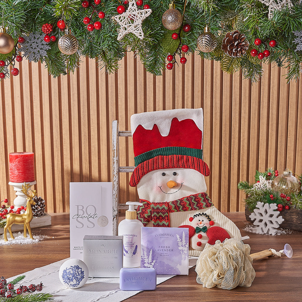 Snowman Spa Stocking Gift Set, spa gift, spa, chocolate gift, chocolate, christmas gift, christmas, New Hampshire delivery