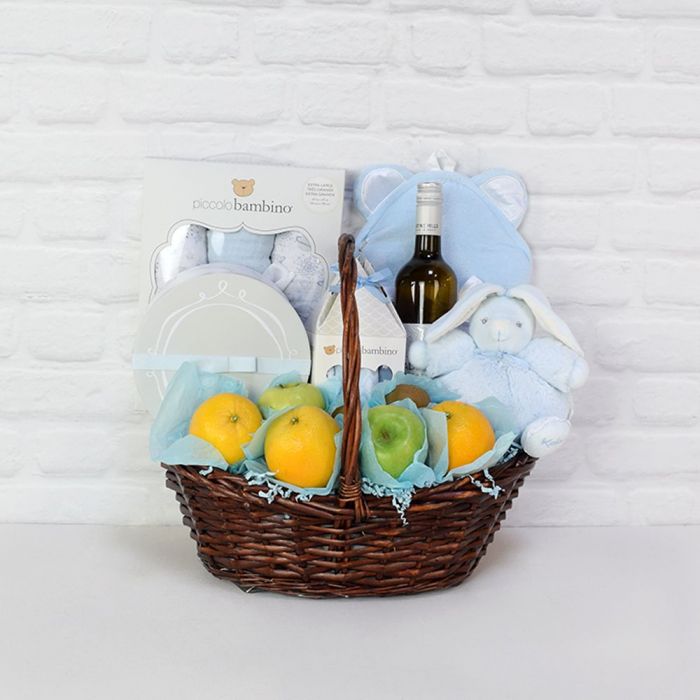 Mom and Baby Welcome Wine Gift Basket with Fresh Fruit – how the gift is presented