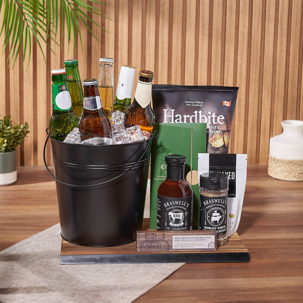 Assorted Beer and Gourmet Snack Gift Basket in Black Metal Bucket – how the gift is presented