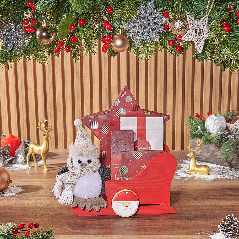 Holiday Gourmet Truffle Gift Basket in Red Wooden Sled – how the gift is presented